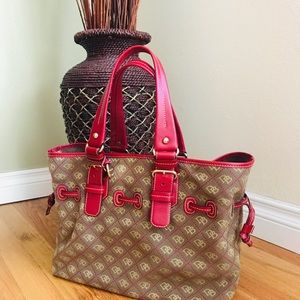 DOONEY & BOURKE Brown Canvas Red Leather Trim Tote